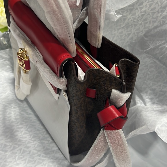 NWT - Michael Kors Hamilton Legacy Sm Logo Belted Satchel, Crimson/Brown - Picture 9 of 11